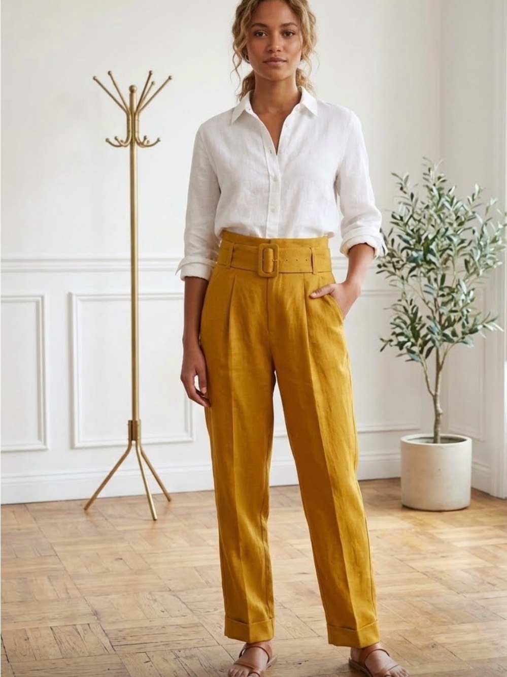 Sea New York Mustard Yellow 100%
Linen Belted Wide Leg Pants Size 0